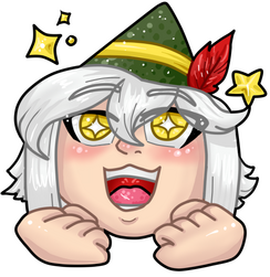 A chibi emote of a young man with white hair, golden eyes and a scar over their left eye. They are wearing a christmas hat from "Buddy" with an excited expression and stars around them.
