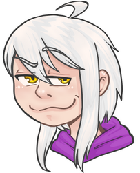 An emote of a man with white hair, gold eyes and a smug expression.