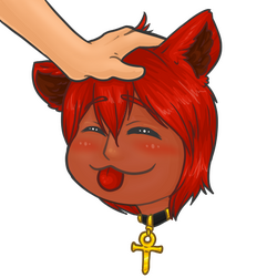 A headpat emote of a brown skinned man with red hair and wolf ears. He is blepping happily and has an ankh collar.