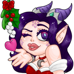 An emote of a dragon woman blowing a kiss under mistletoe. She has pastel purple scales, purple horns, dark purple hair and purple/cyan eyes. She is wearing a red and white 'santa suit'.