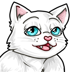 An emote of a happy white cat with blue eyes and a pink heart nose! The cat is named Miss Vanilla and is Cream's cohost/manager.