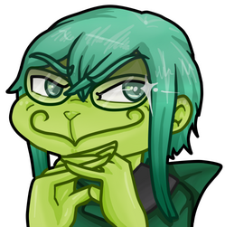 An emote of a green grinch with a scheming smirk and intertwinned fingers. His glasses glint.