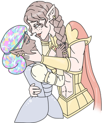 Flat colour art of a lesbian couple holding each other and looking into each others eyes. One has a brown skin tone and crystal theme, the other is pale and has a gladiator outfit.