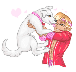 A profile pic on a blonde tan man holding a white dog. The dog is licking the man's face and he is laughing.