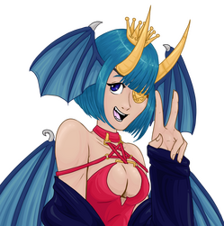 A bust up image of a demon with teal bat wings and gold horns. She is wearing a gold crown, a red leather bustier and an oversized navy blue jumper. She is smiling and giving a peace sign.