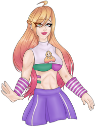 A bust up image of a strawberry blonde woman. She is wearing a white crop top, purple skirt and purple and whie arm warmers.