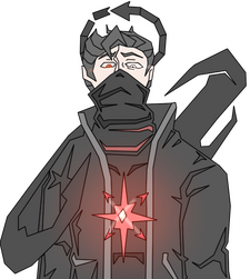 A pale demon with black theme and a red blowing charm on a necklace. They are flat colours and have a sharp pointed style.