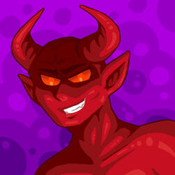A profile picture of a generic red demon and purple bubble background.