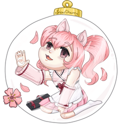 A cute girl is inside of a transparent bauble. She has pink pig ears, pink outfit, pink twin pig tail hair. Sakura flowers surround them.