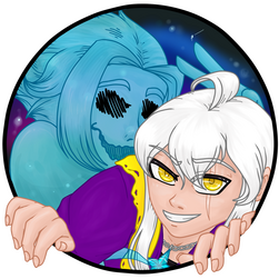 A white haired and golden eyed boy smirks as he climbs through a circular hole that would normally contain a profile image. The man is wearing a purple jacket, a golden scarf and a blue necklace. A ghost appears behind him trailing from the necklace, a gal