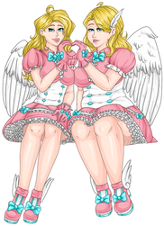 Two women wearing the same outfit sit next to each other and hold hands in a heart symbol between them. Both have blonde hair, blue eyes, white winds and a pink/white/blue outfit. One of the women is slim and the other is plus sized. The image was made in