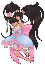 A full body image of a magical girl in a feminine outfit. Her dress is pink and blue and has a large bow on the back. She has dark hair in pony tails and tan skin. She has white gloves and is holdng a magical baton, she is floating with a white sticker out