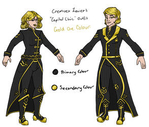 An outfit design for Palia. It features black and gold colours and accents based on a furniture theme of the same name "Capitol"