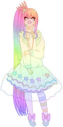 A full body image of an androgenous person with a rainbow theme. They are wearing a frilly dress.