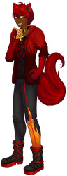 A full body picture of a brown skinned man with red hair, wolf ears/tail. He has a red / black colour theme with flames. He is eating a cookie.