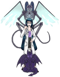 A gothic woman with a lab coat and stethoscope. A gargoyle sits in front of them, a skeletal demon sits behind them.