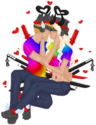 A couple sit and hold each other lovingly. They are wearing the same outfit featuring heart halos, red and black katanas, rainbow tie dye shirts, dark navy denim pants, black shoes and white wing ankles.