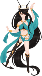 A teal, black and gold themed dancer. They are wearing a silky outfit, a halow of glowing stars, a black demon tail and long black hair.