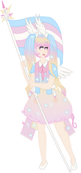 Flat colours of a full body art. The woman is wearing pale pink, pale blue, white and pale yellow coloured outfit with a magical girl theme. They are holding a Trans pride flag.