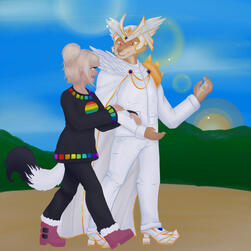 Couple art for FoxyK14. A golden furry wolf is wearing an angelic white outfit. Their partner is wearing a black and rainbow outfit.