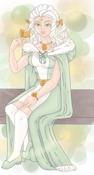 A white haired princess elf sits surrounded by glowing lights. She is wearing a mint and white christmas outfit.