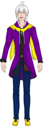 A fullbody image of a young man with white hair, golden eyes and a scar over their left eye. The man is wearing a black shirt, a purple jacket, nvy blue jeans, a yellow scarf and yellow shoes. They are wearing a blue necklace.