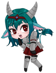 A full body chibi image of a woman with dark teal green hair, gray minotaur horns, teal ears and tail. They have a silver and dark red steel armour. They have dark red eyes and appear to be being lifted from their shoulder.