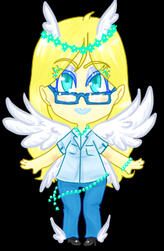 An old design of Cremuex. She has an ice blue colour theme, turqouise pearl bead chains, head wings, hip wings, ankle wings and large back wings. She is wearing glasses in this version.