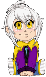 A fullbody chibi image of a young man with white hair, golden eyes and a scar over their left eye. The man is wearing a black shirt, a purple jacket, nvy blue jeans, a yellow scarf and yellow shoes. They are wearing a blue necklace. They are sitting and sm