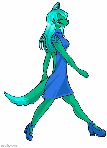 A walk cycle with a teal and blue furry character.