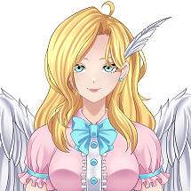 An image of a blonde haired, blue eyed angel. She's wearing a pink blouse with a blue bow. She has a white feather in her hair that she uses as a quill for art and writting.