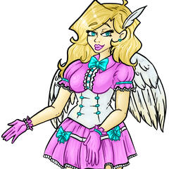An image of a blonde haired, blue eyed angel. She's wearing a pink blouse with a blue bow. She has a white feather in her hair that she uses as a quill for art and writting.