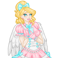 An image of a blonde haired, blue eyed angel. She's wearing a pink blouse with a blue bow. She has a white feather in her hair that she uses as a quill for art and writting.