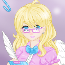 An image of a blonde haired, blue eyed angel. She's wearing a pink blouse with a blue bow. She has a white feather in her hair that she uses as a quill for art and writting.